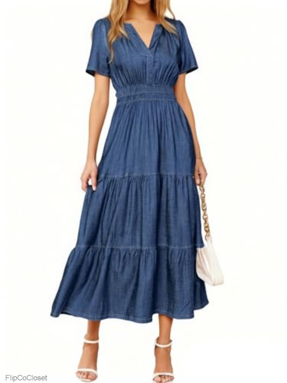Women's Casual Denim Maxi Dress Boho V Neck Empire Waist Flutter Sleeve Pockets